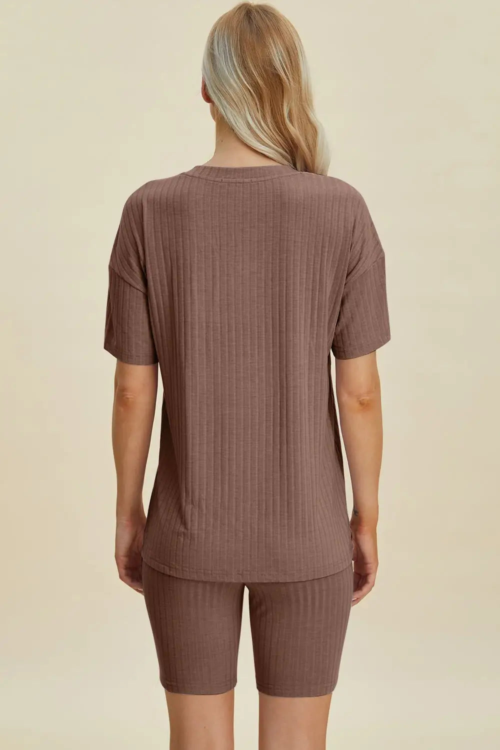 Ribbed V - Neck Short Sleeve Top and Shorts Set - Loungewear