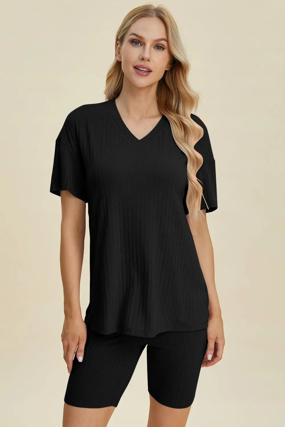 Ribbed V - Neck Short Sleeve Top and Shorts Set - Loungewear