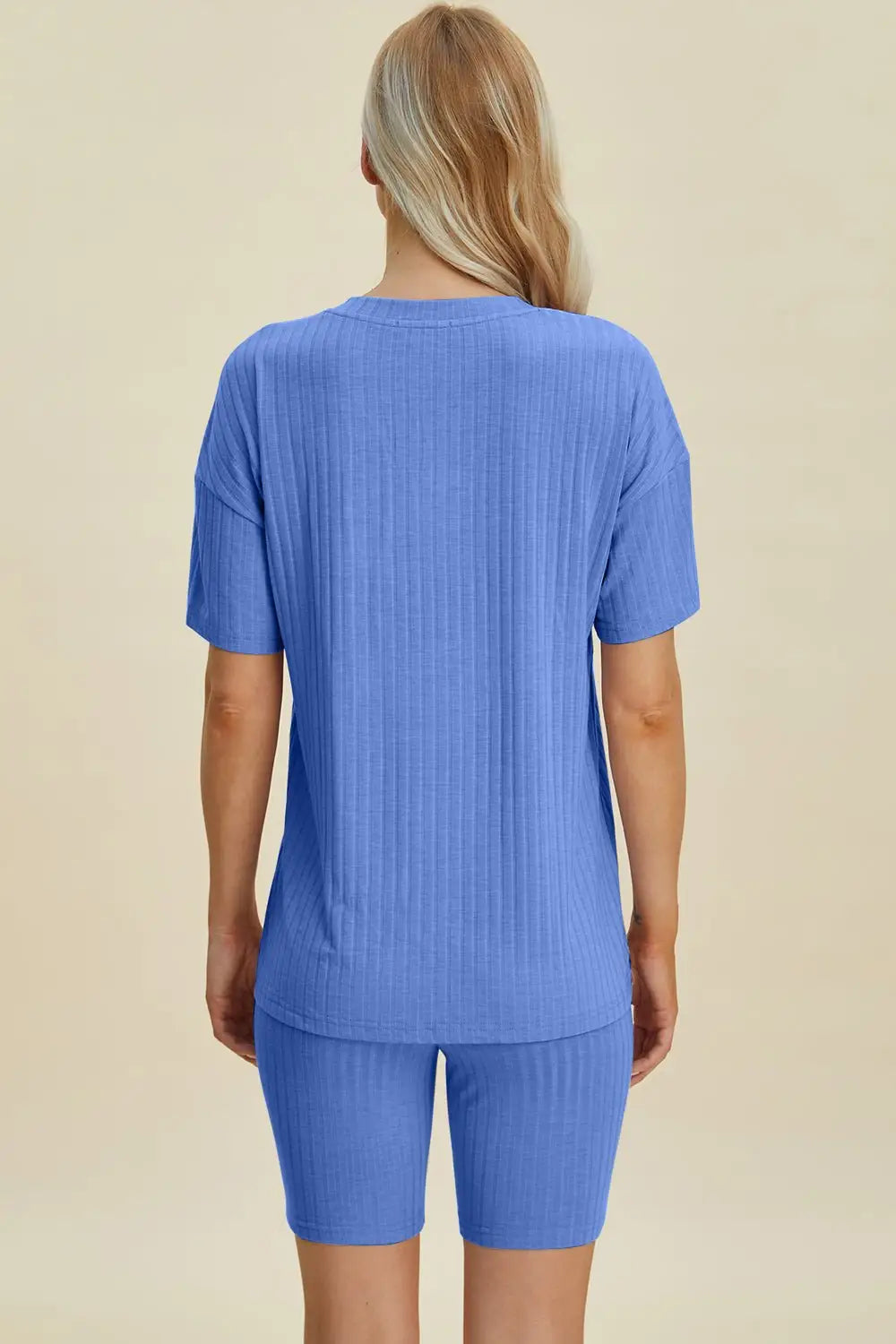 Ribbed V - Neck Short Sleeve Top and Shorts Set - Loungewear