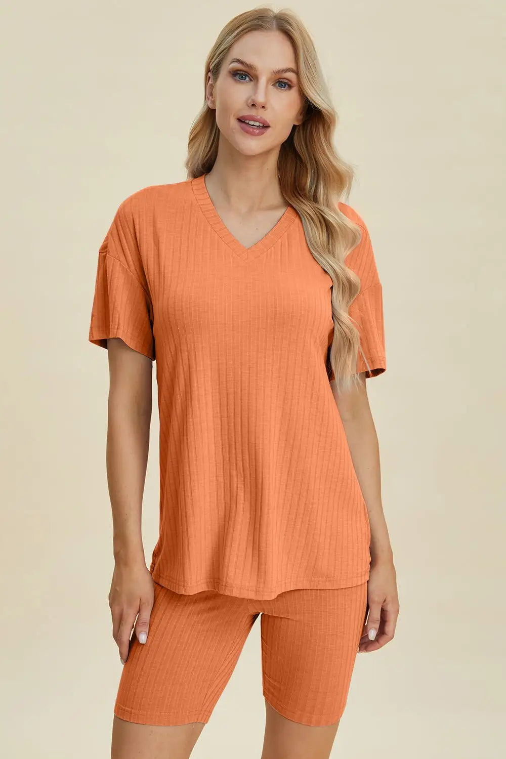 Ribbed V - Neck Short Sleeve Top and Shorts Set - Loungewear