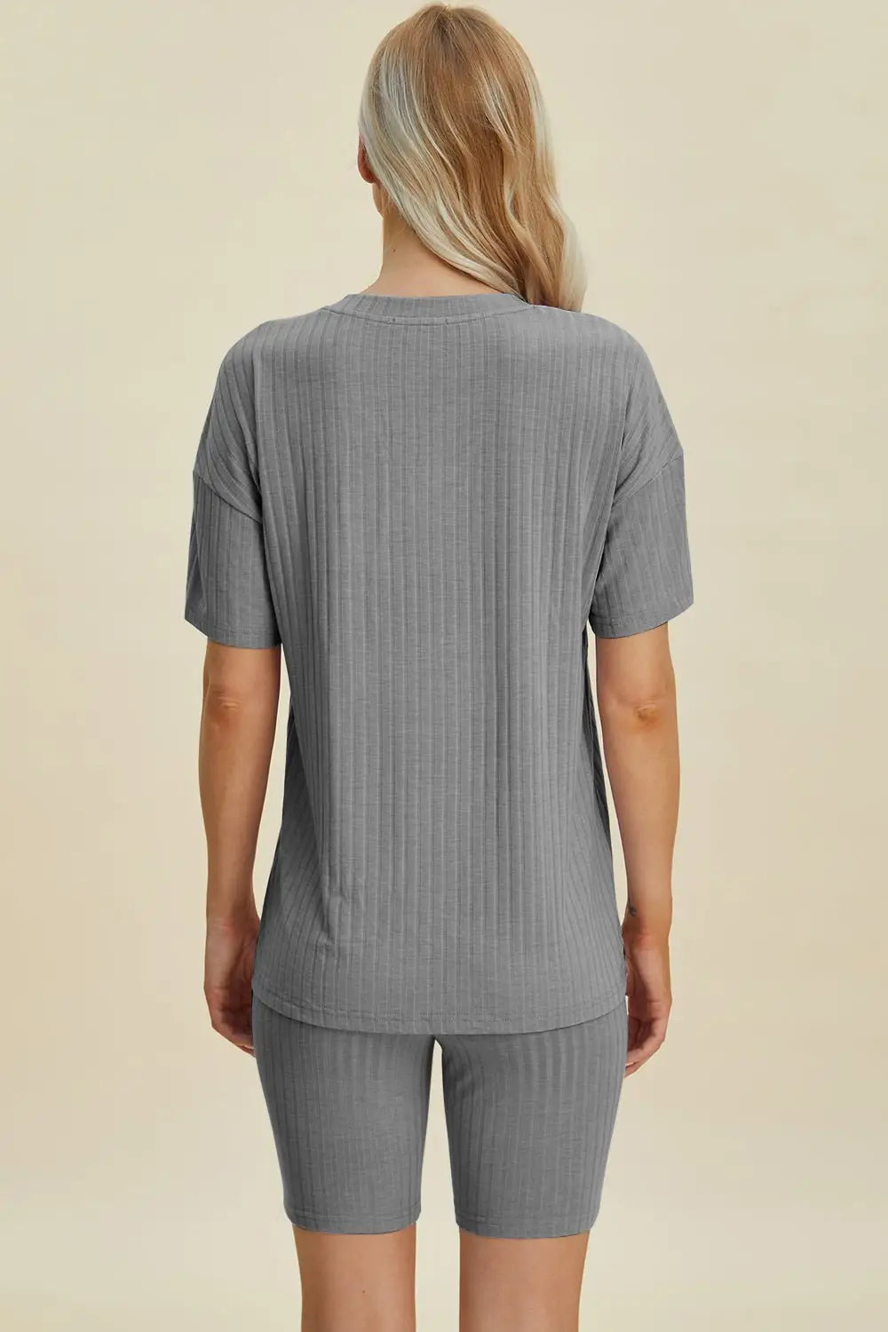 Ribbed V - Neck Short Sleeve Top and Shorts Set - Loungewear