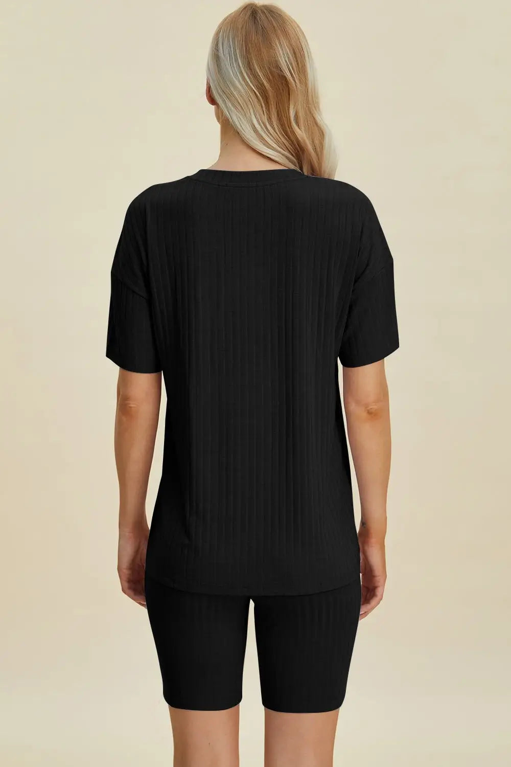 Ribbed V - Neck Short Sleeve Top and Shorts Set - Loungewear