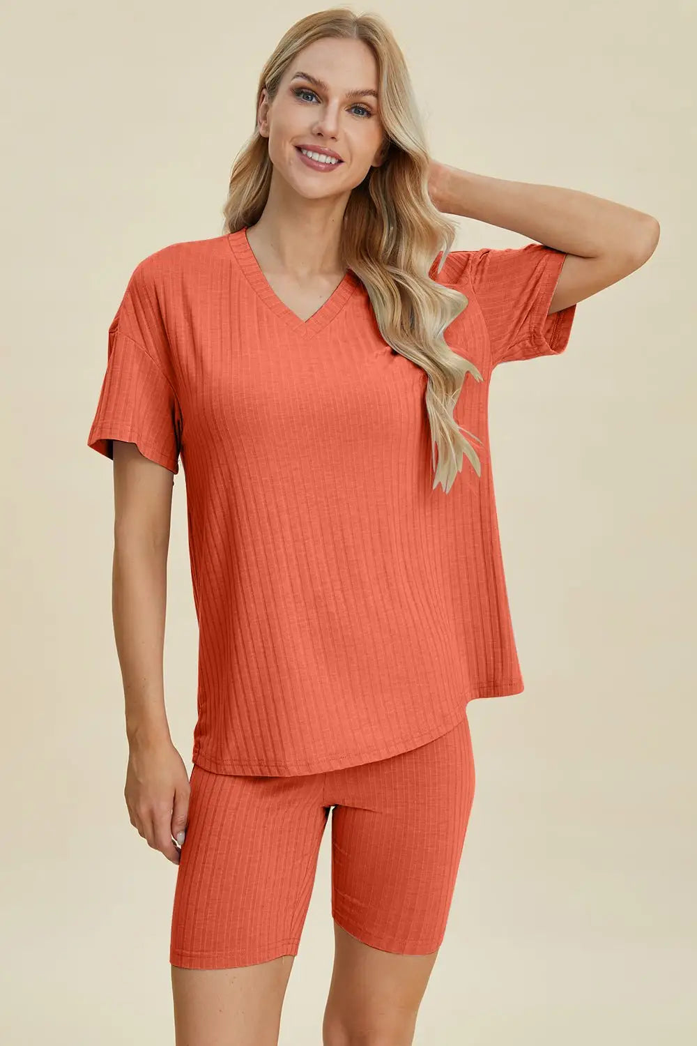 Ribbed V - Neck Short Sleeve Top and Shorts Set - Loungewear