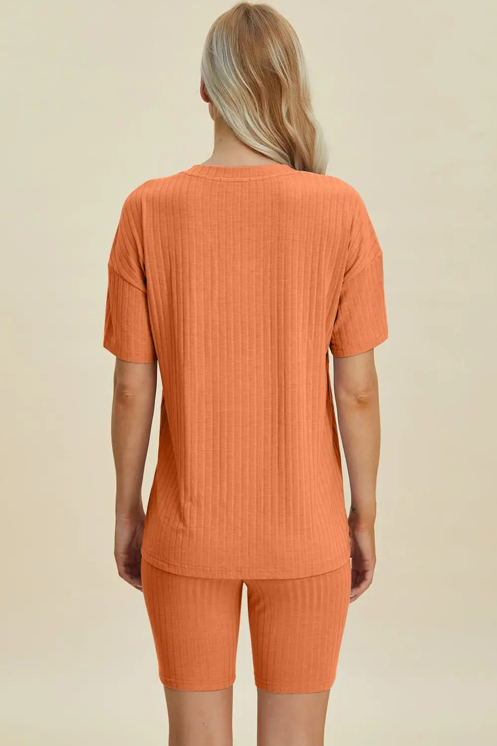 Ribbed V - Neck Short Sleeve Top and Shorts Set - Loungewear