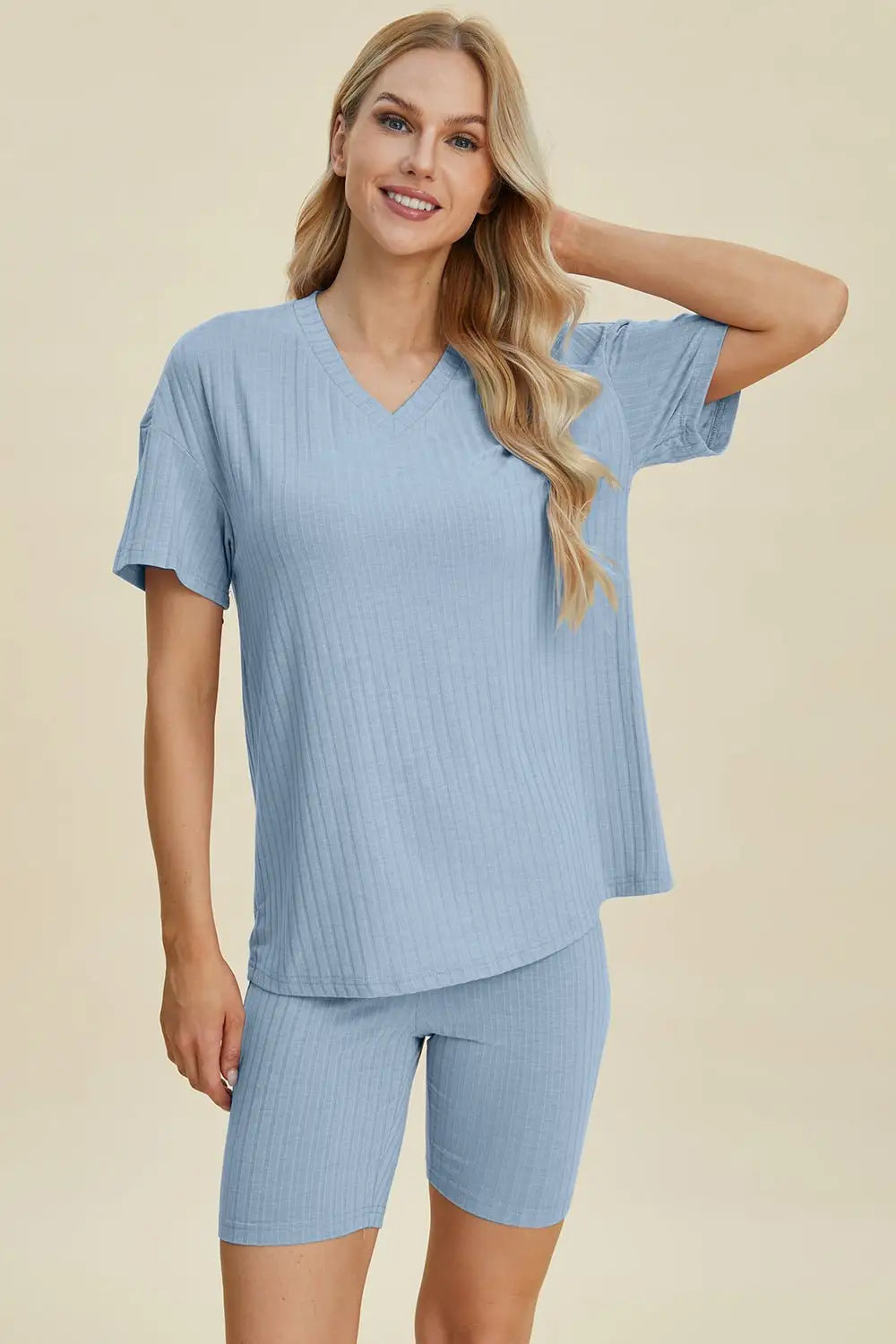 Ribbed V - Neck Short Sleeve Top and Shorts Set - Loungewear