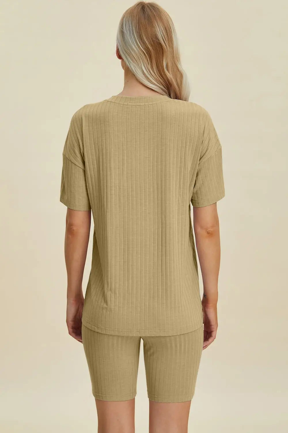 Ribbed V - Neck Short Sleeve Top and Shorts Set - Loungewear
