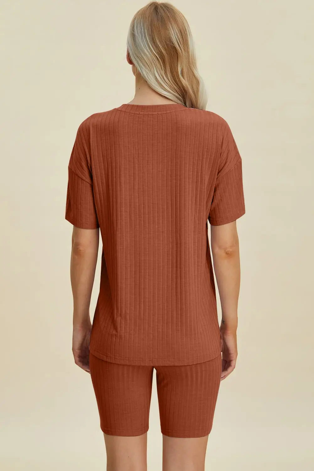 Ribbed V - Neck Short Sleeve Top and Shorts Set - Loungewear