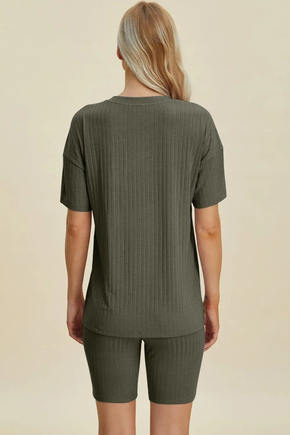 Ribbed V - Neck Short Sleeve Top and Shorts Set - Loungewear