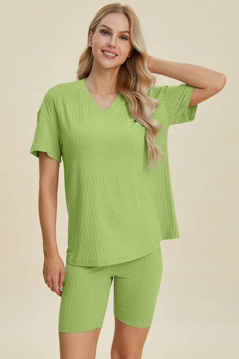 Ribbed V - Neck Short Sleeve Top and Shorts Set - Loungewear