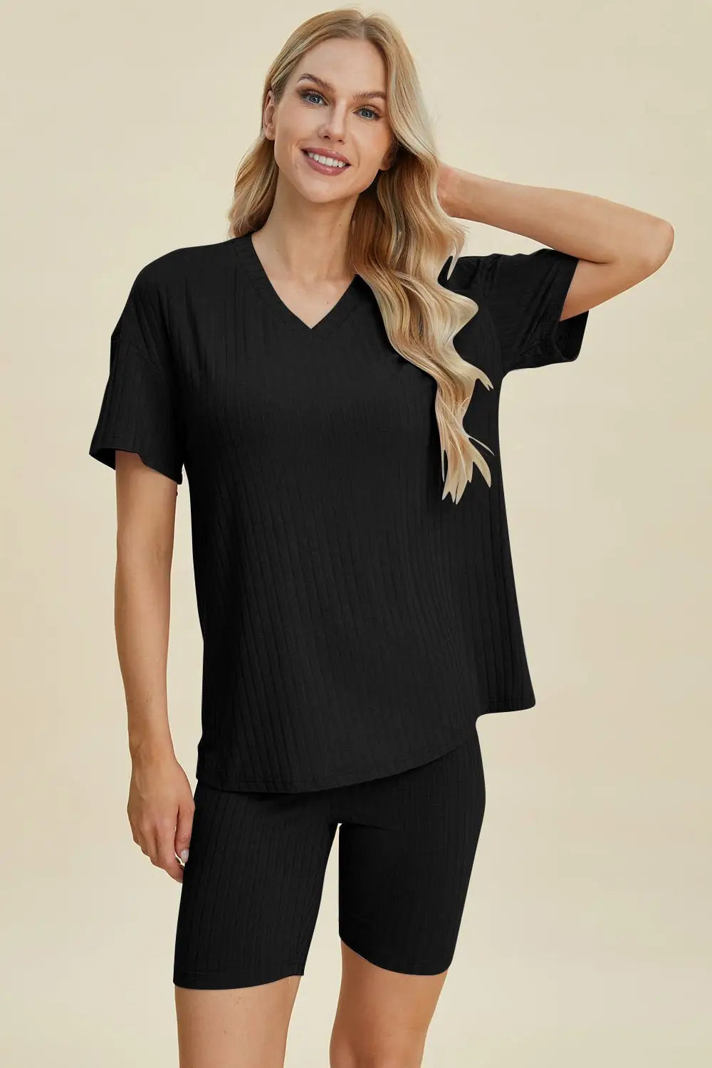 Ribbed V - Neck Short Sleeve Top and Shorts Set - Loungewear