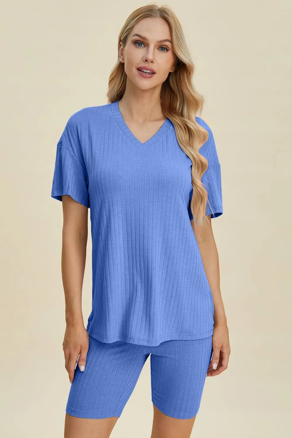Ribbed V - Neck Short Sleeve Top and Shorts Set - Loungewear