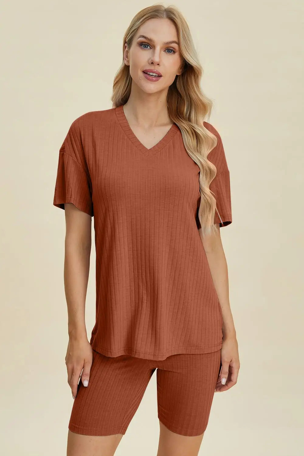 Ribbed V - Neck Short Sleeve Top and Shorts Set - Loungewear