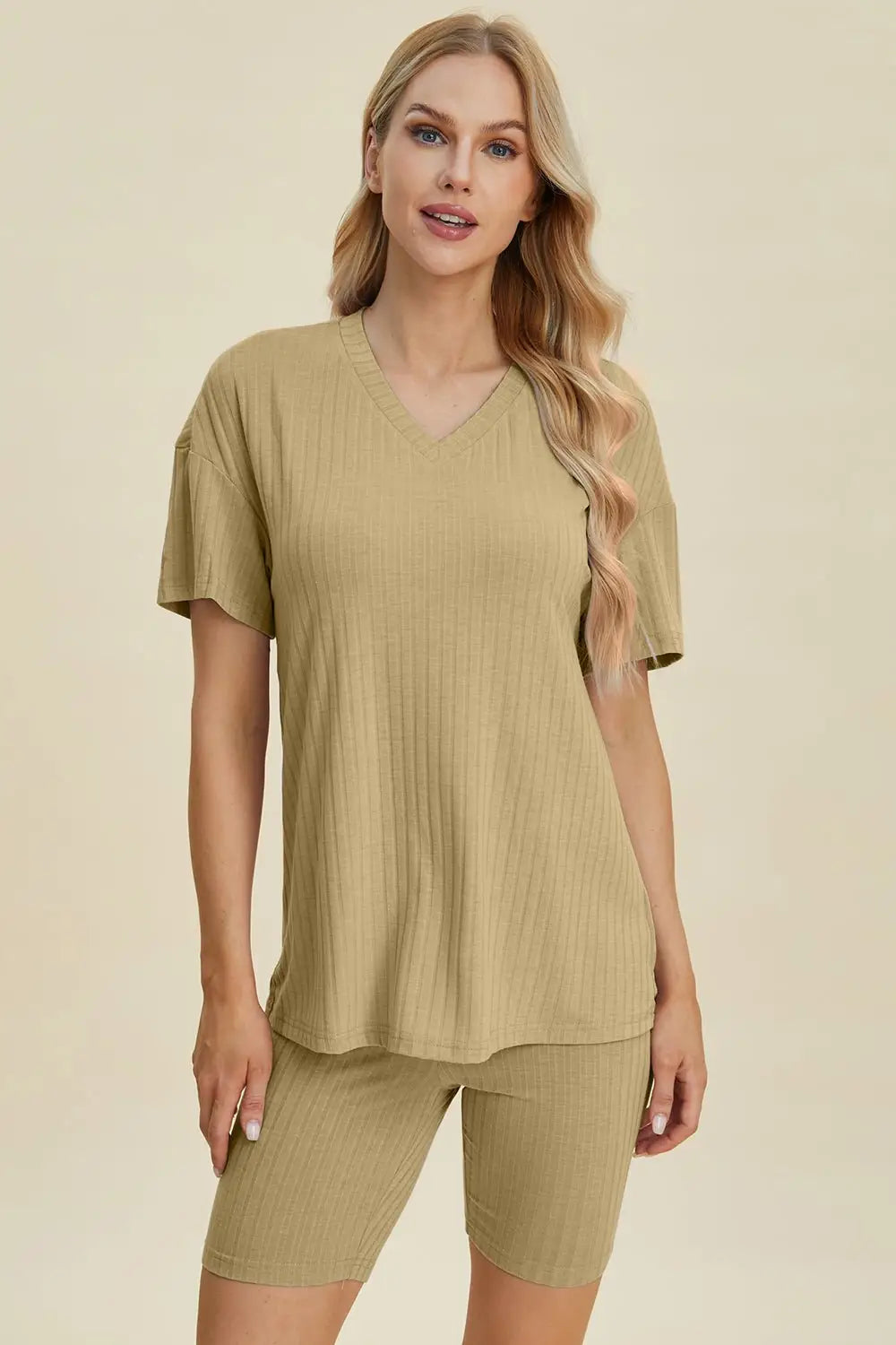 Ribbed V - Neck Short Sleeve Top and Shorts Set - Loungewear