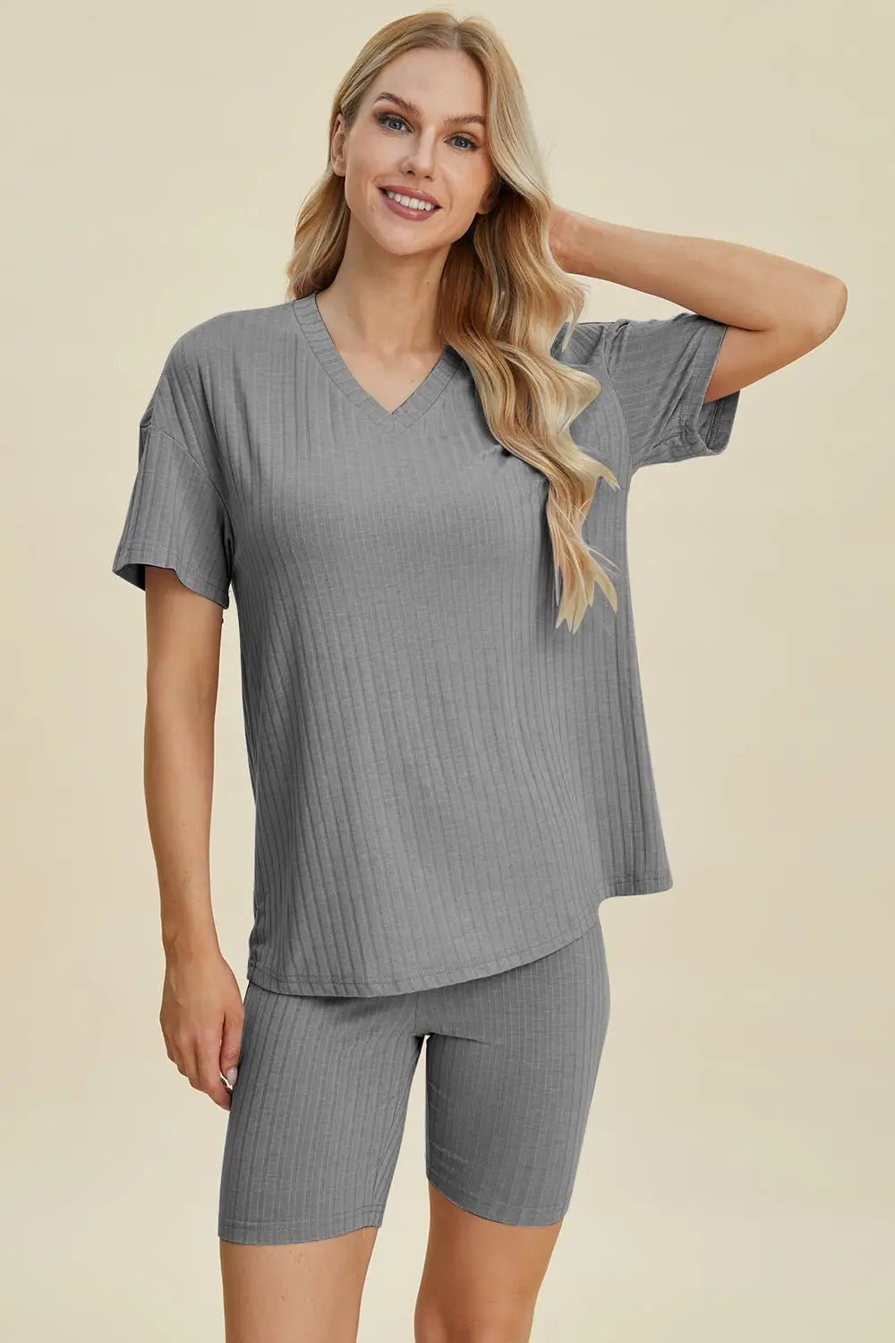 Ribbed V - Neck Short Sleeve Top and Shorts Set - Loungewear