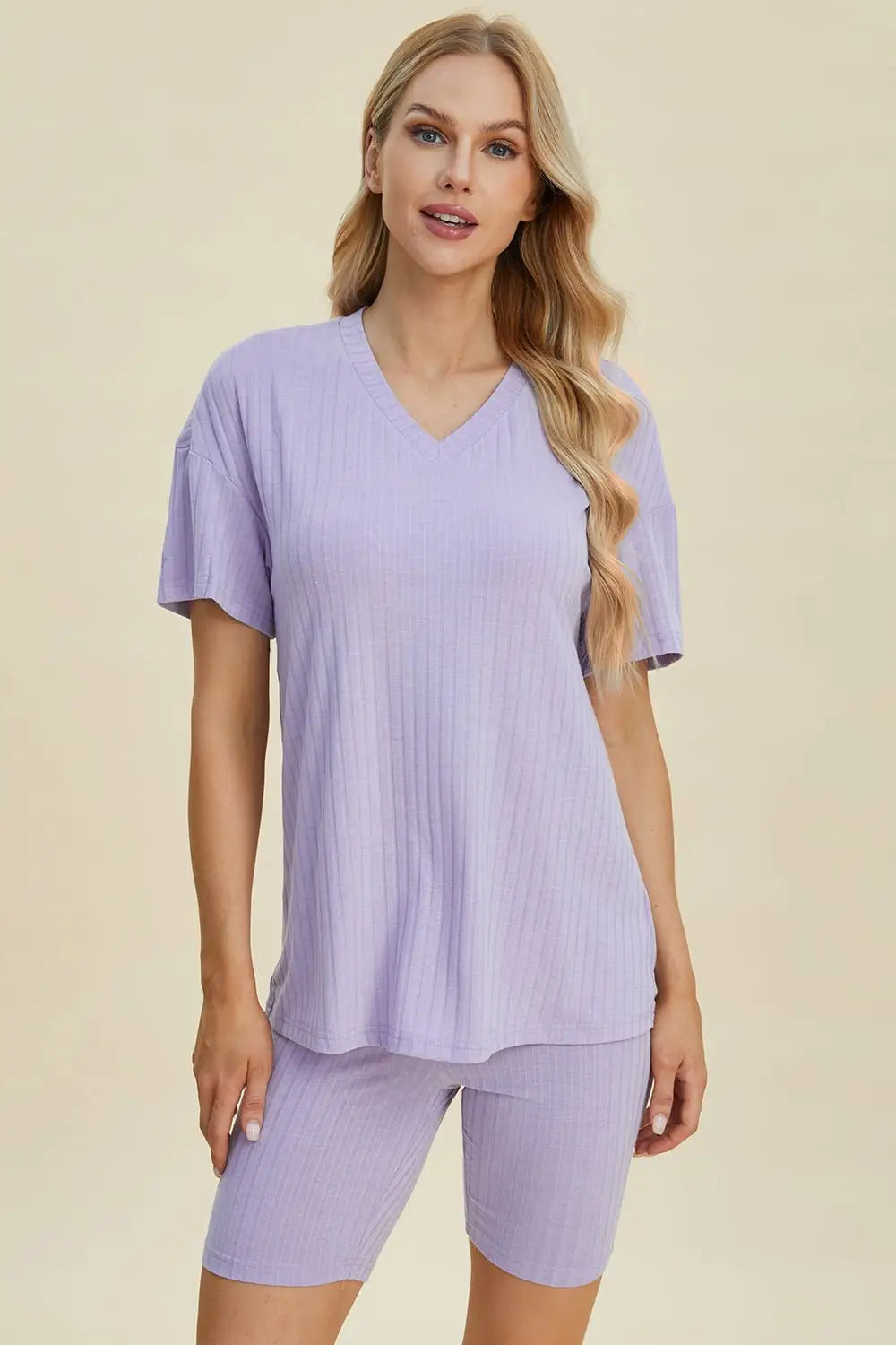 Ribbed V - Neck Short Sleeve Top and Shorts Set - Loungewear