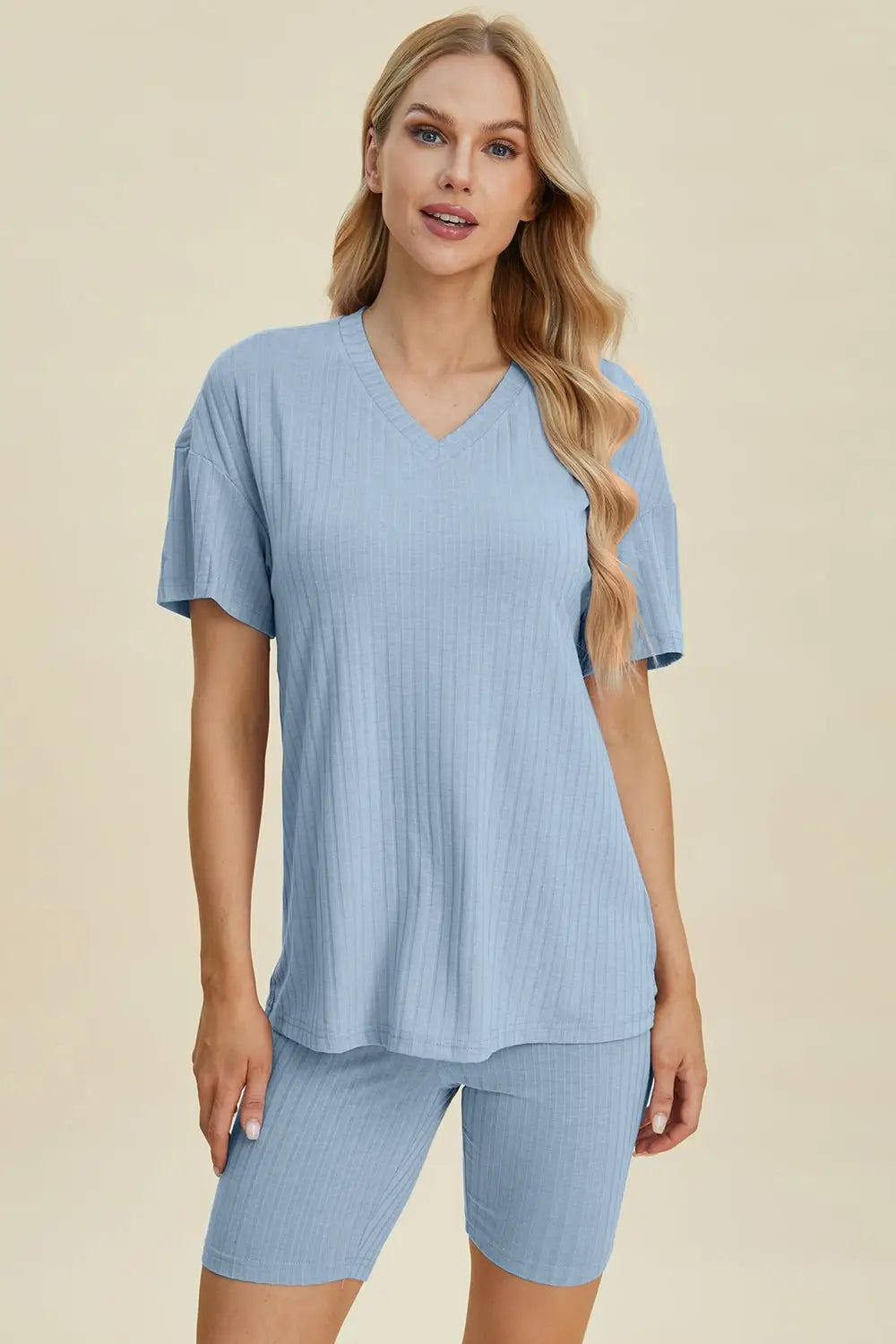 Ribbed V - Neck Short Sleeve Top and Shorts Set - Loungewear