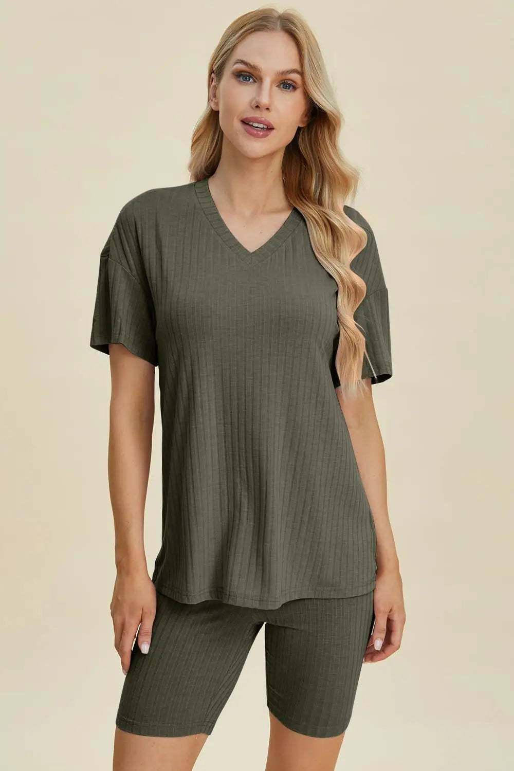 Ribbed V - Neck Short Sleeve Top and Shorts Set - Loungewear