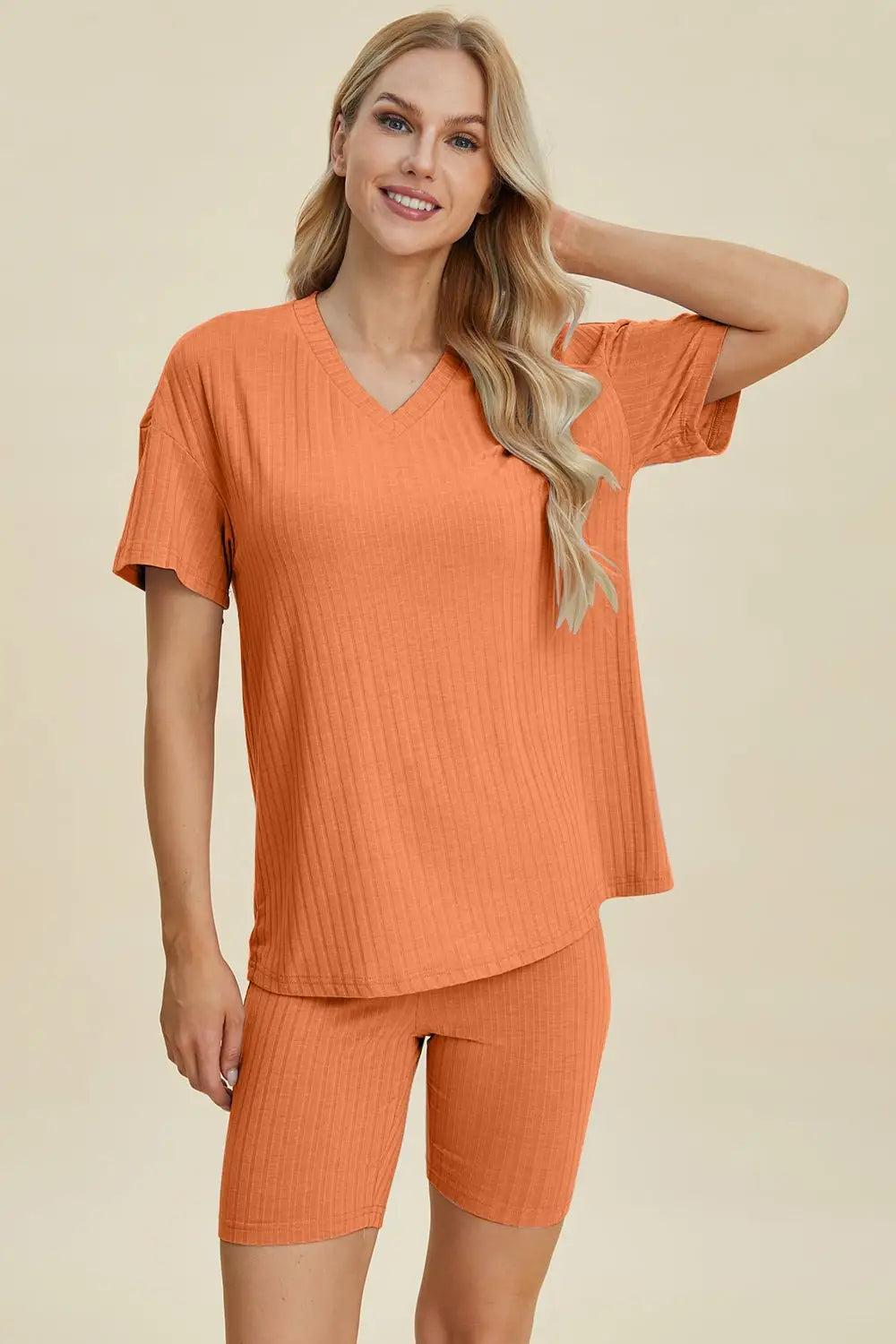 Ribbed V - Neck Short Sleeve Top and Shorts Set - Loungewear