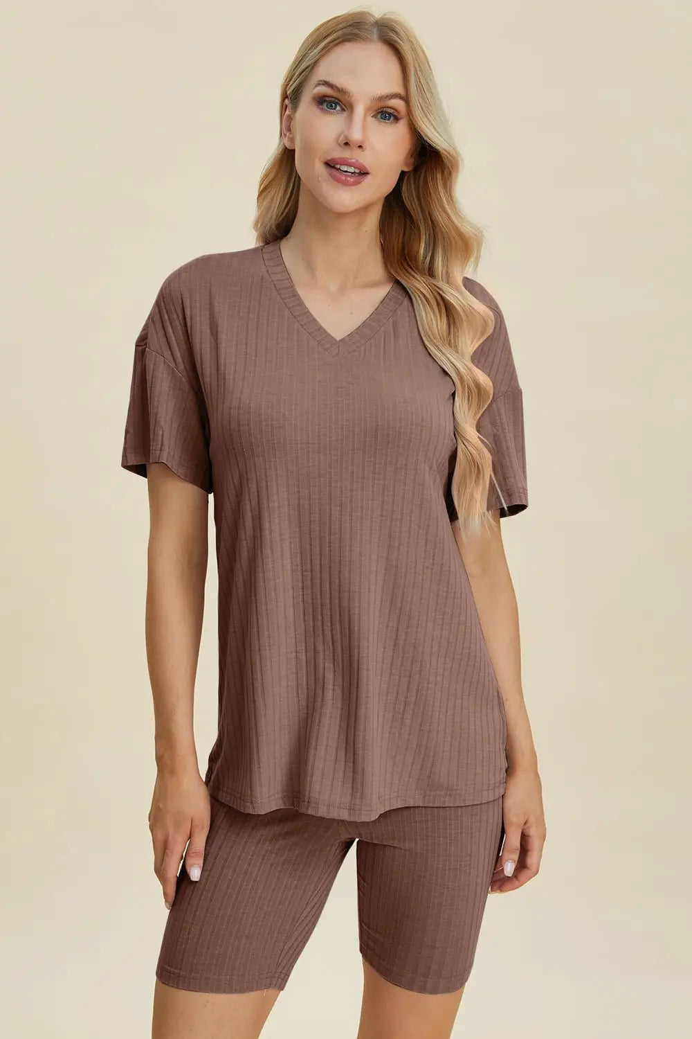 Ribbed V - Neck Short Sleeve Top and Shorts Set - Loungewear