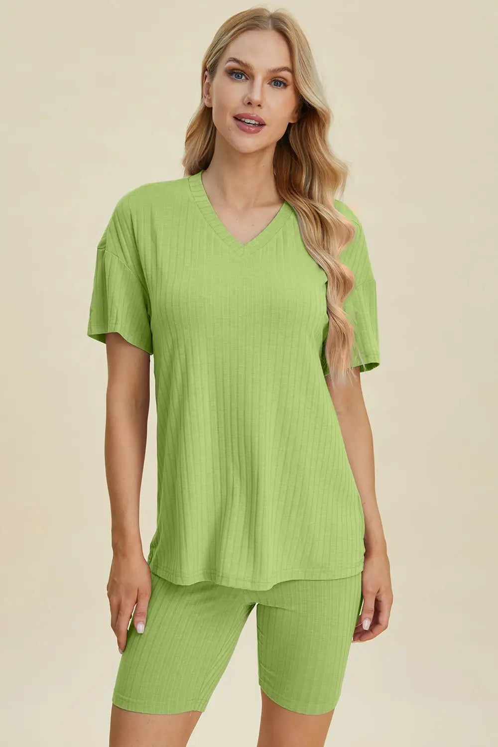 Ribbed V - Neck Short Sleeve Top and Shorts Set - Loungewear