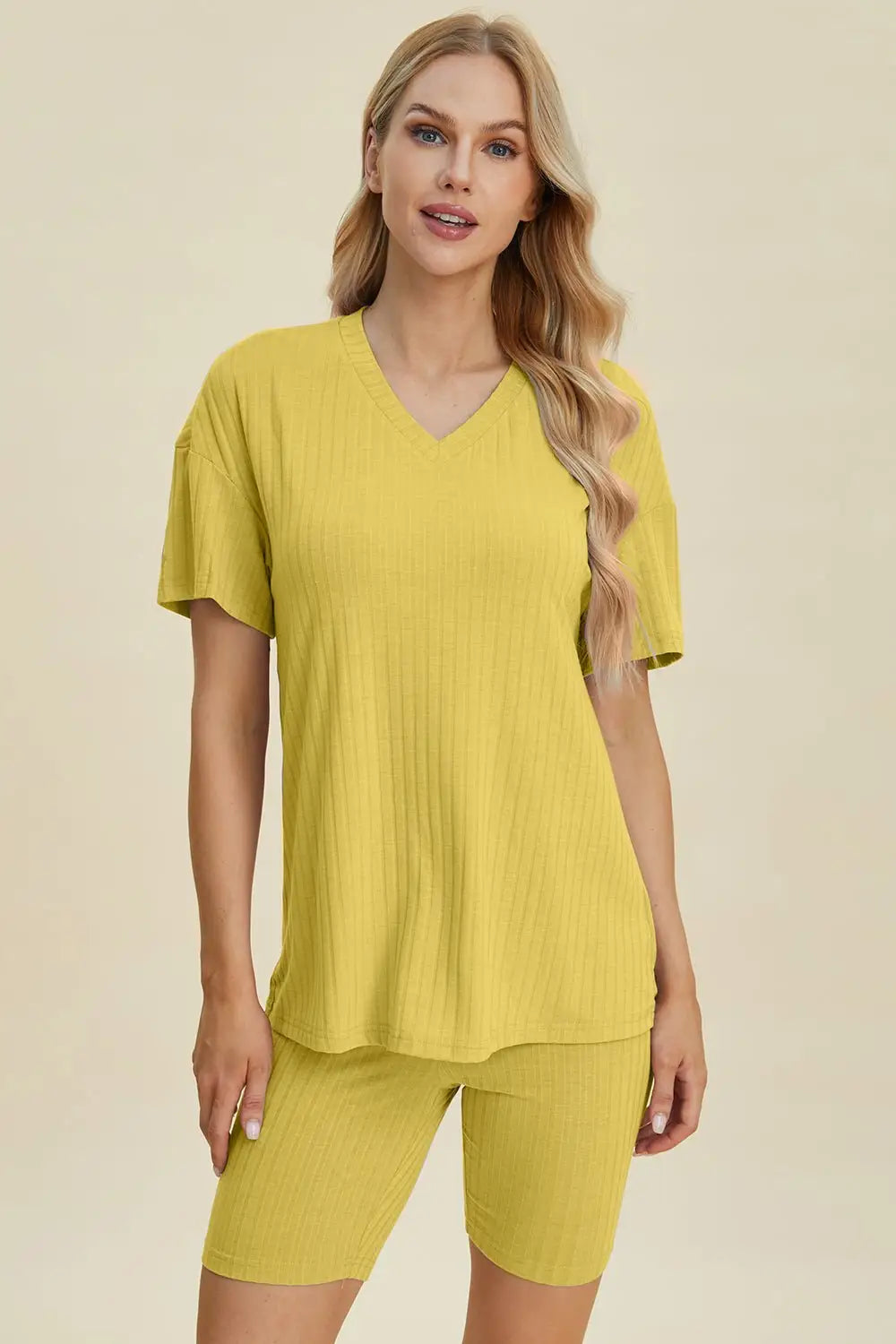 Ribbed V - Neck Short Sleeve Top and Shorts Set - Loungewear