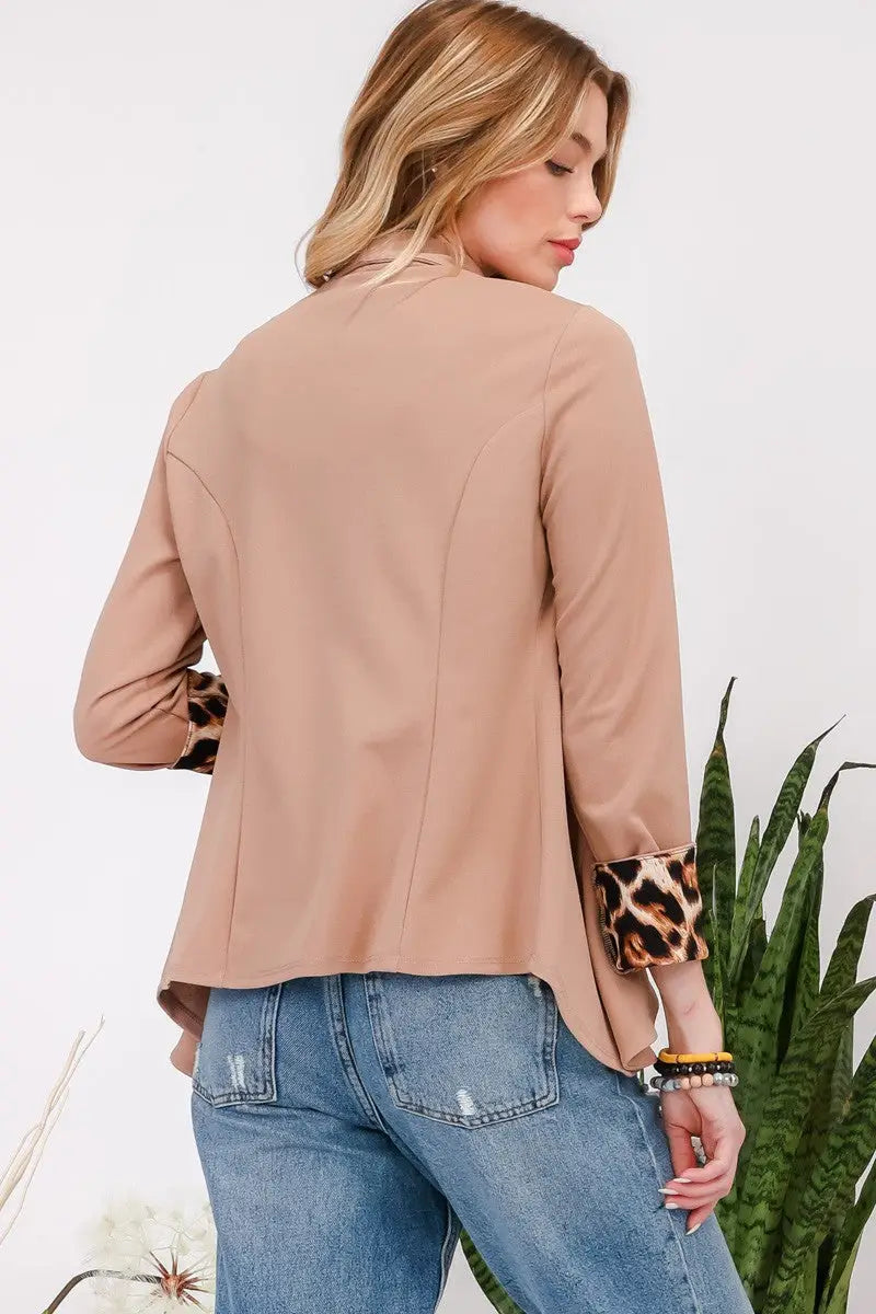 Rolled Leopard Cuff Open Front Blazer - Eclectage