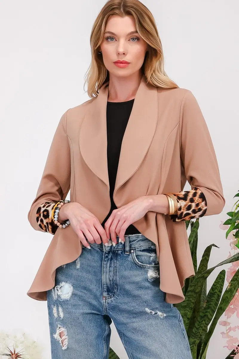 Rolled Leopard Cuff Open Front Blazer - Eclectage