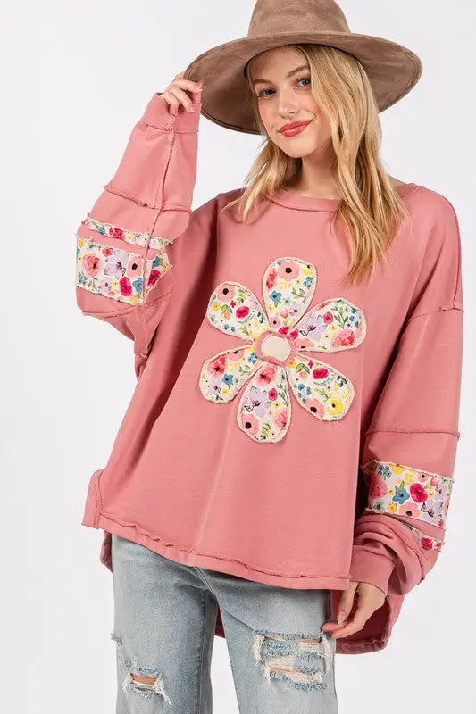 SAGE + FIG Daisy Patch Applique Long Sleeve Sweatshirt - Eclectage