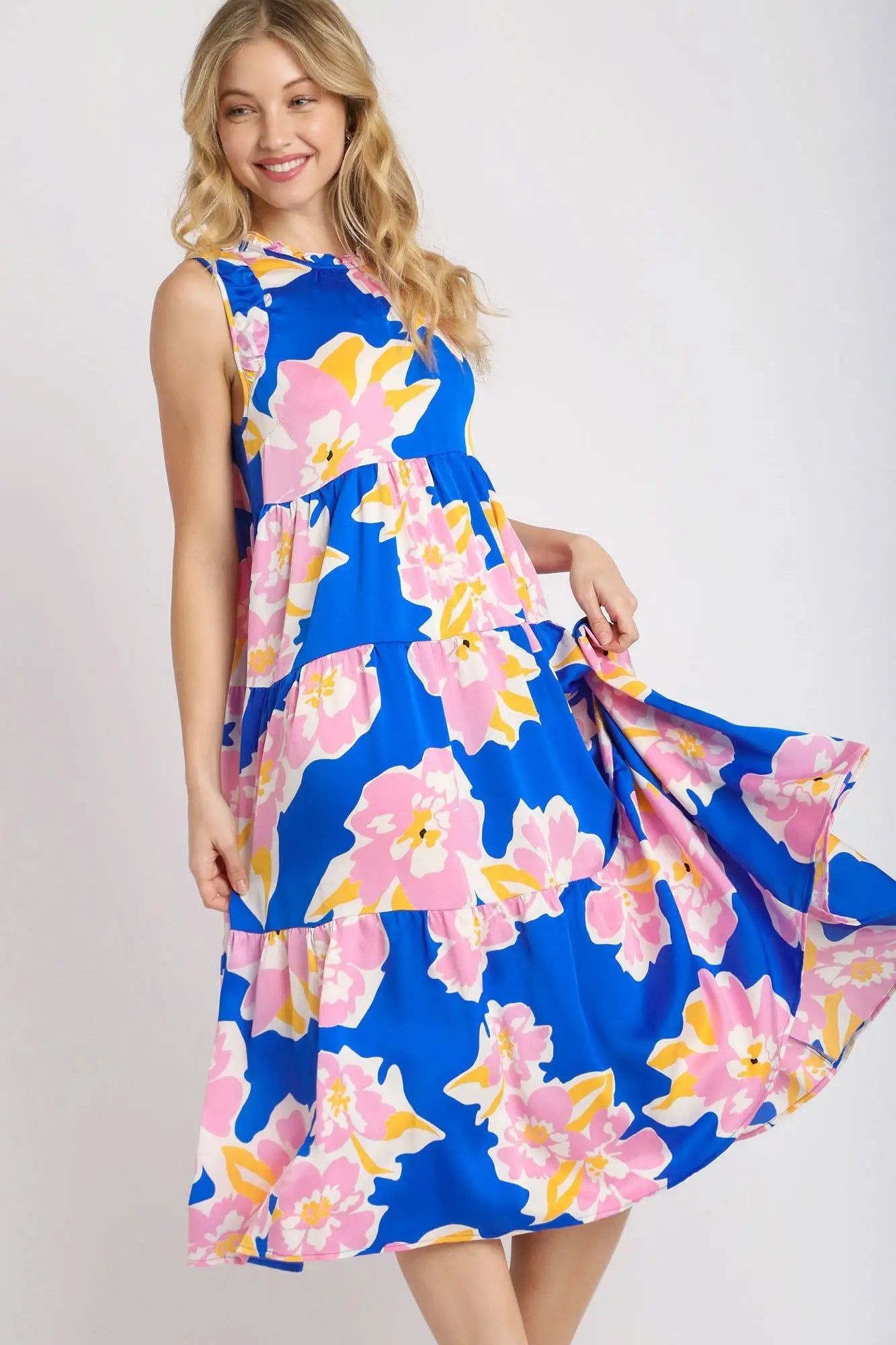 Umgee Full Size Floral Tiered Midi Tank Dress Plus Size - Eclectage