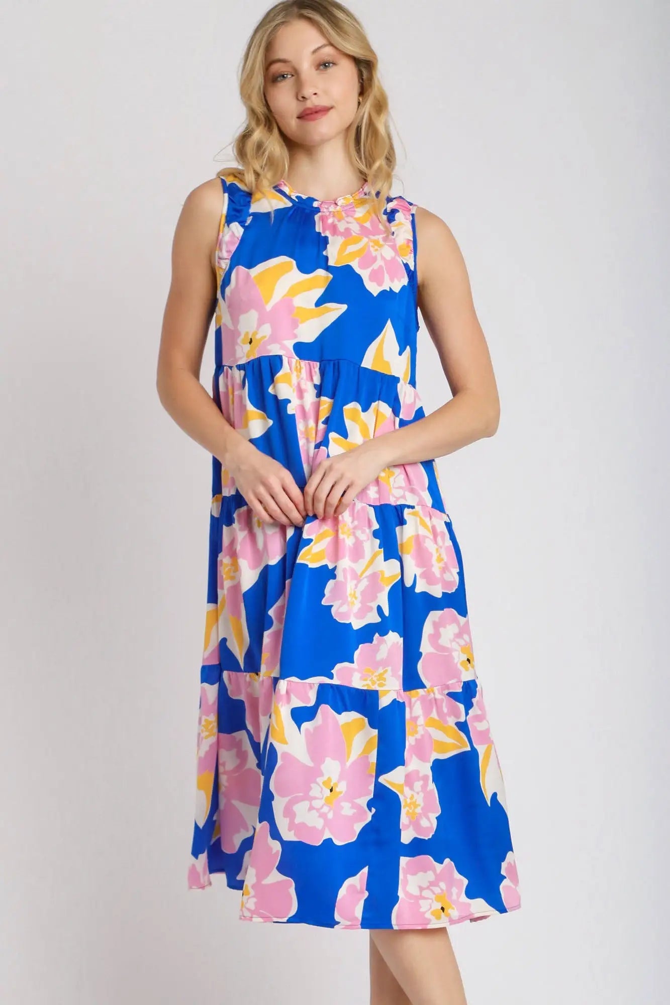 Umgee Full Size Floral Tiered Midi Tank Dress Plus Size - Eclectage