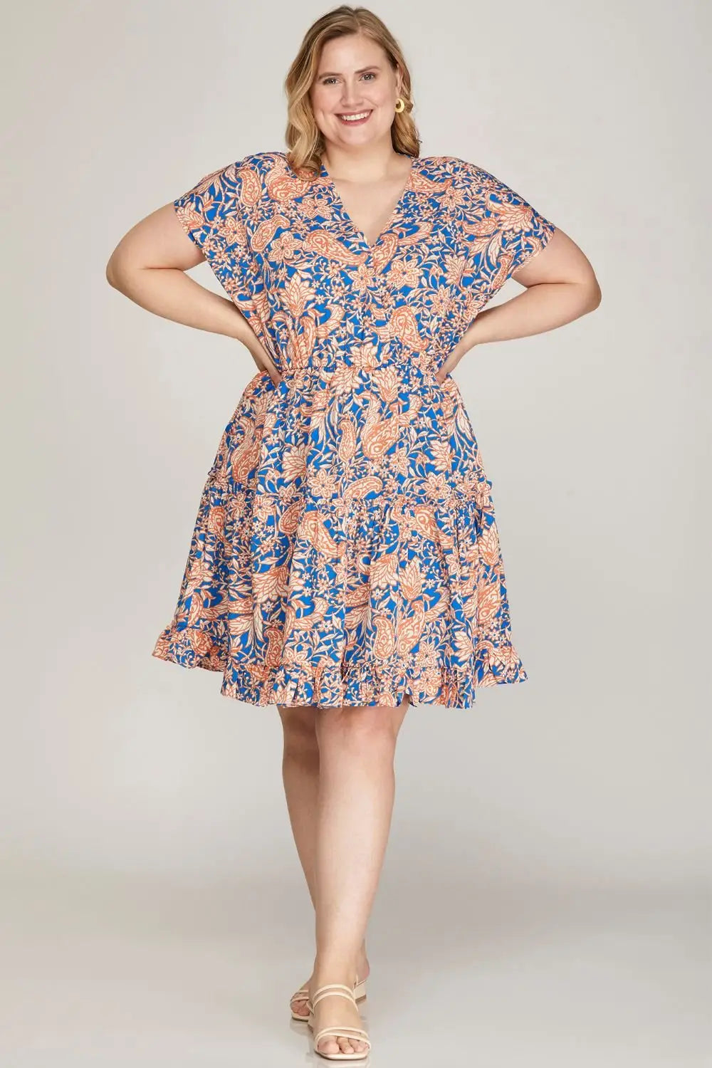Royal Blue Printed Kimono Sleeve Mini Dress - Mini Dresses
