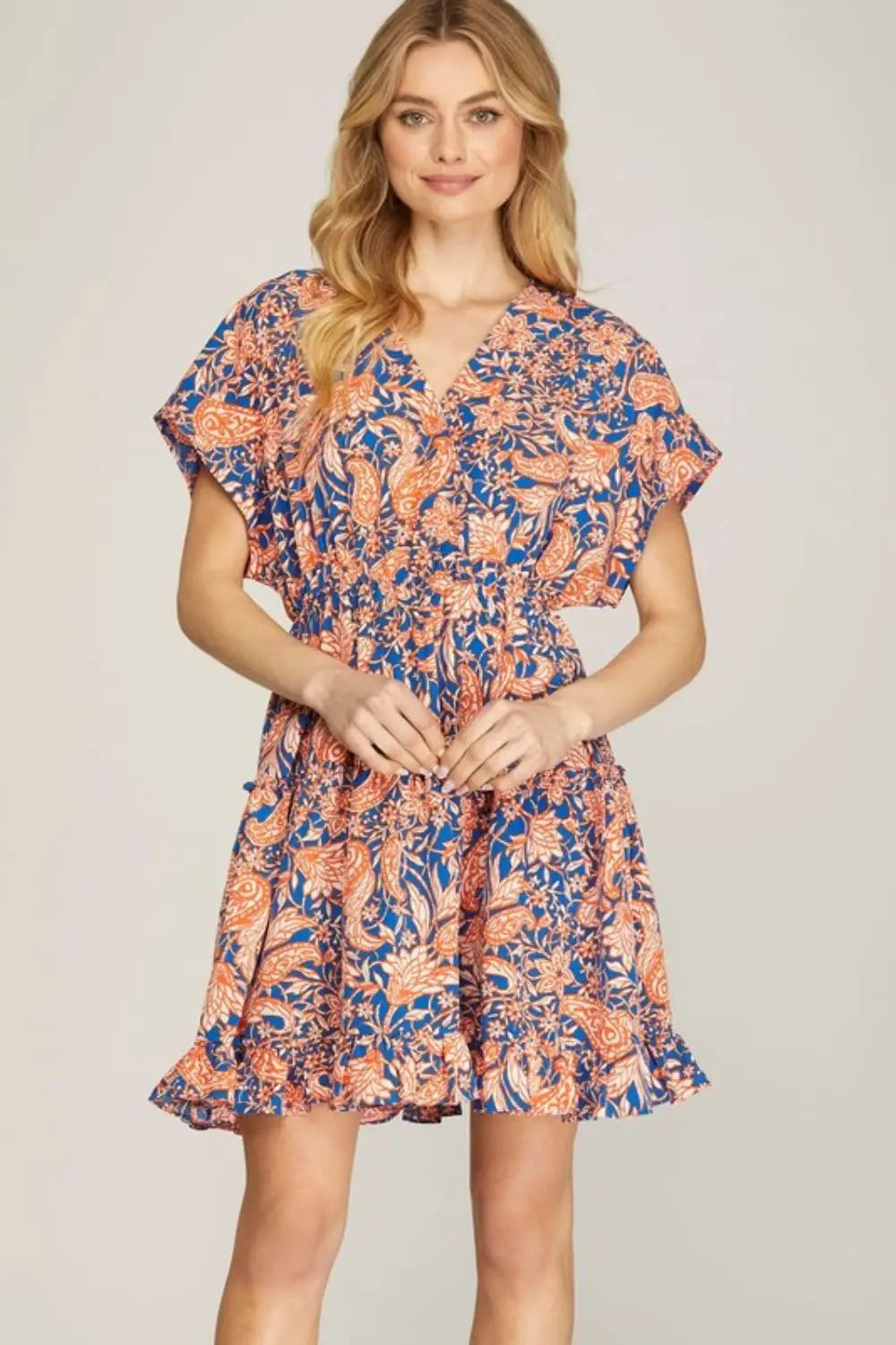 Royal Blue Printed Kimono Sleeve Mini Dress - Mini Dresses