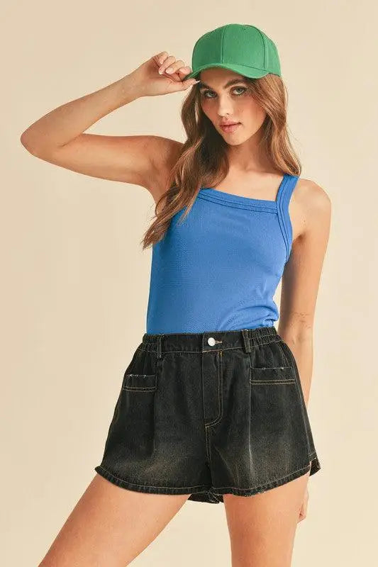 Royal Blue Square Neck Wide Strap Tank - Tops