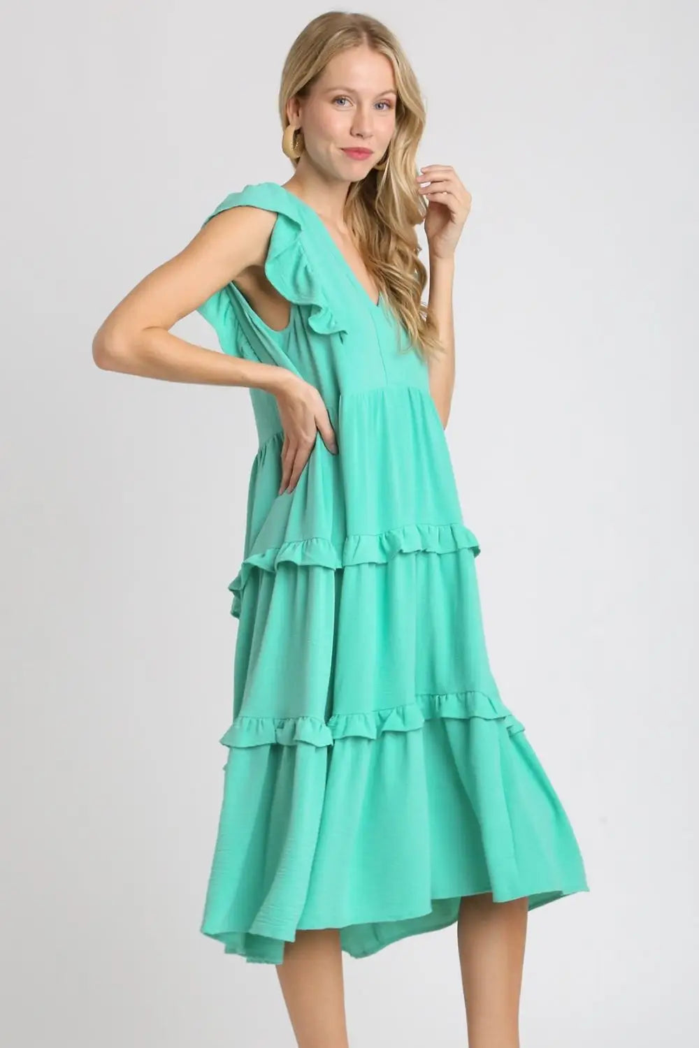 Ruffle Tiered Cap Sleeve Midi Dress - Midi Dresses