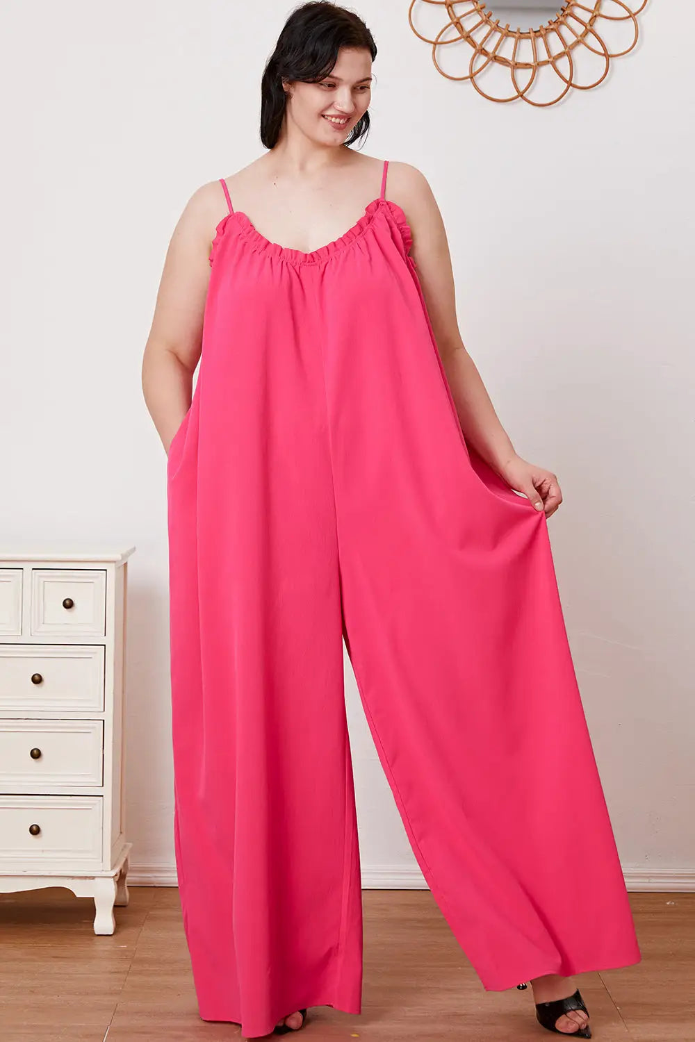 Ruffle Trim Tie Back Cami Jumpsuit with Pockets - Eclectage