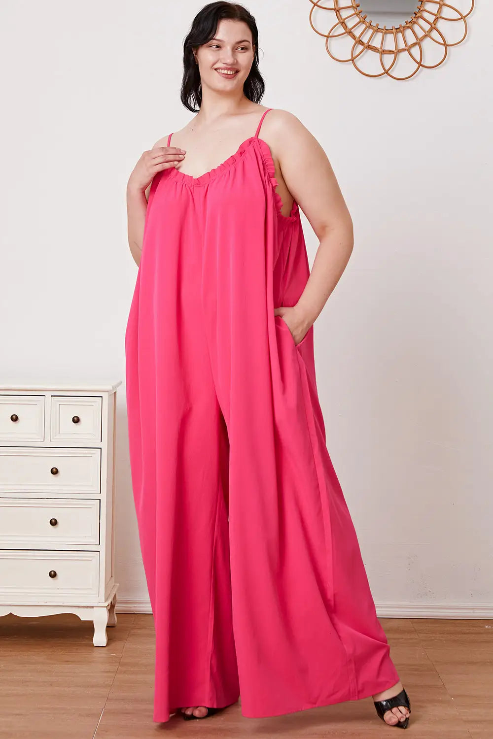 Ruffle Trim Tie Back Cami Jumpsuit with Pockets - Eclectage