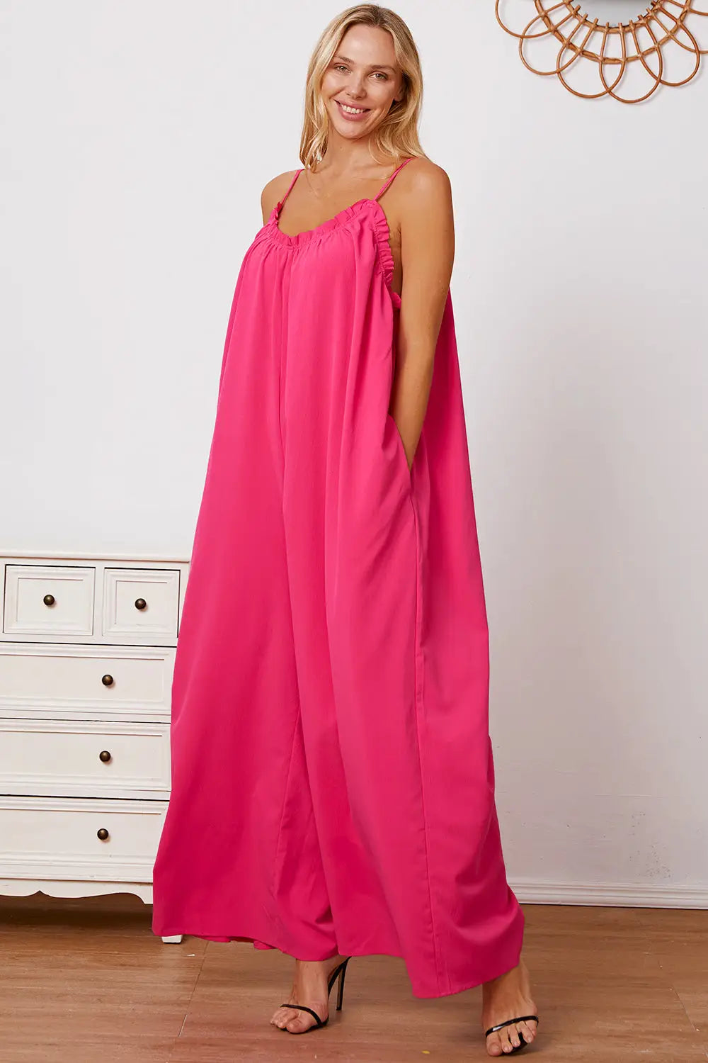 Ruffle Trim Tie Back Cami Jumpsuit with Pockets - Eclectage