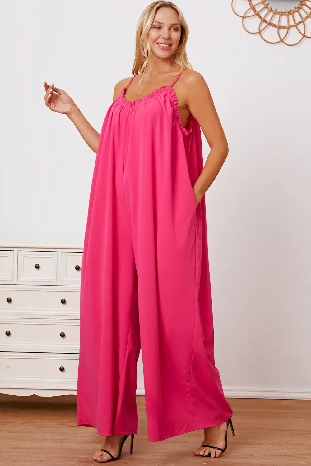 Ruffle Trim Tie Back Cami Jumpsuit with Pockets - Eclectage