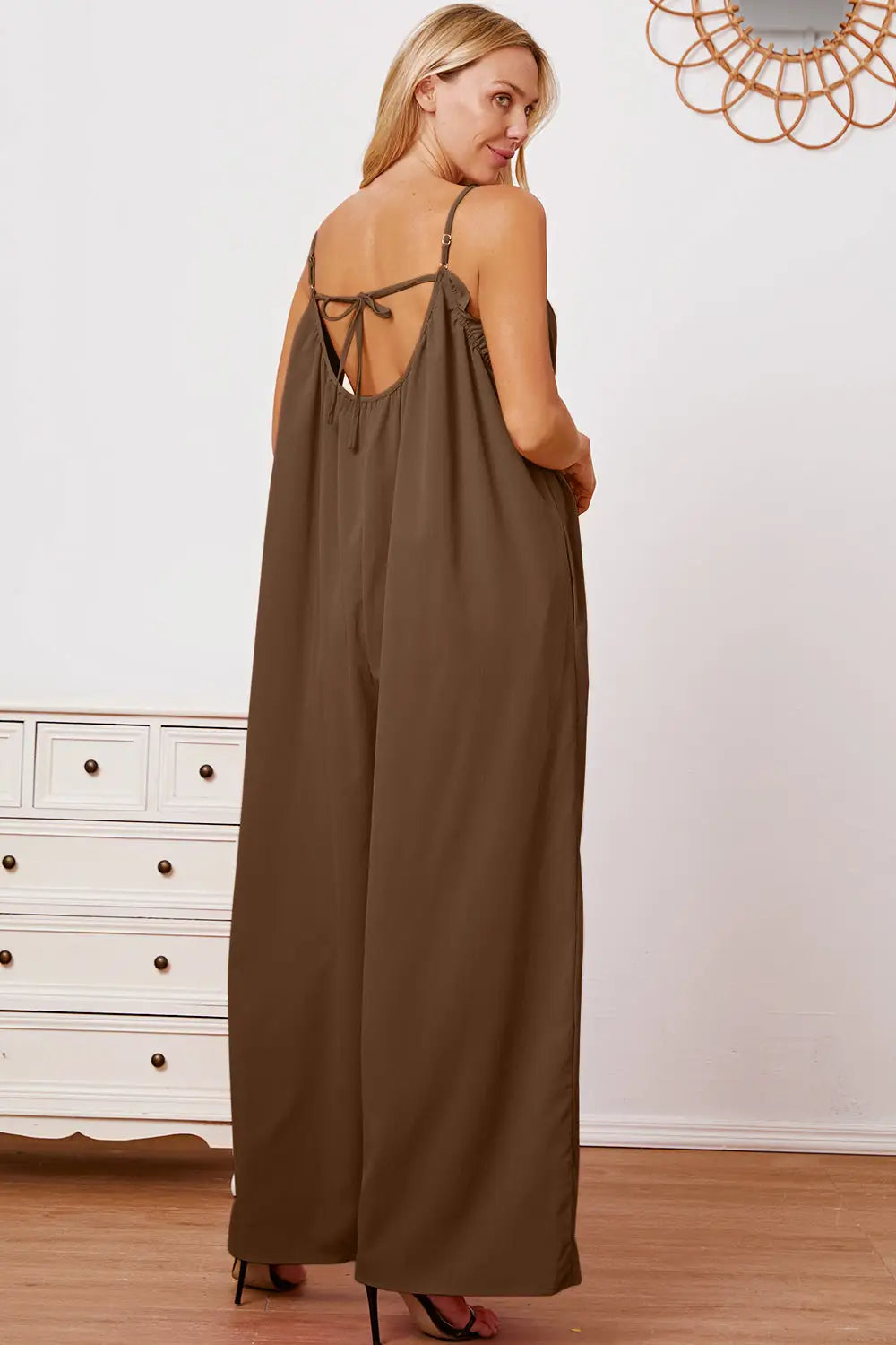 Ruffle Trim Tie Back Cami Jumpsuit with Pockets - Eclectage