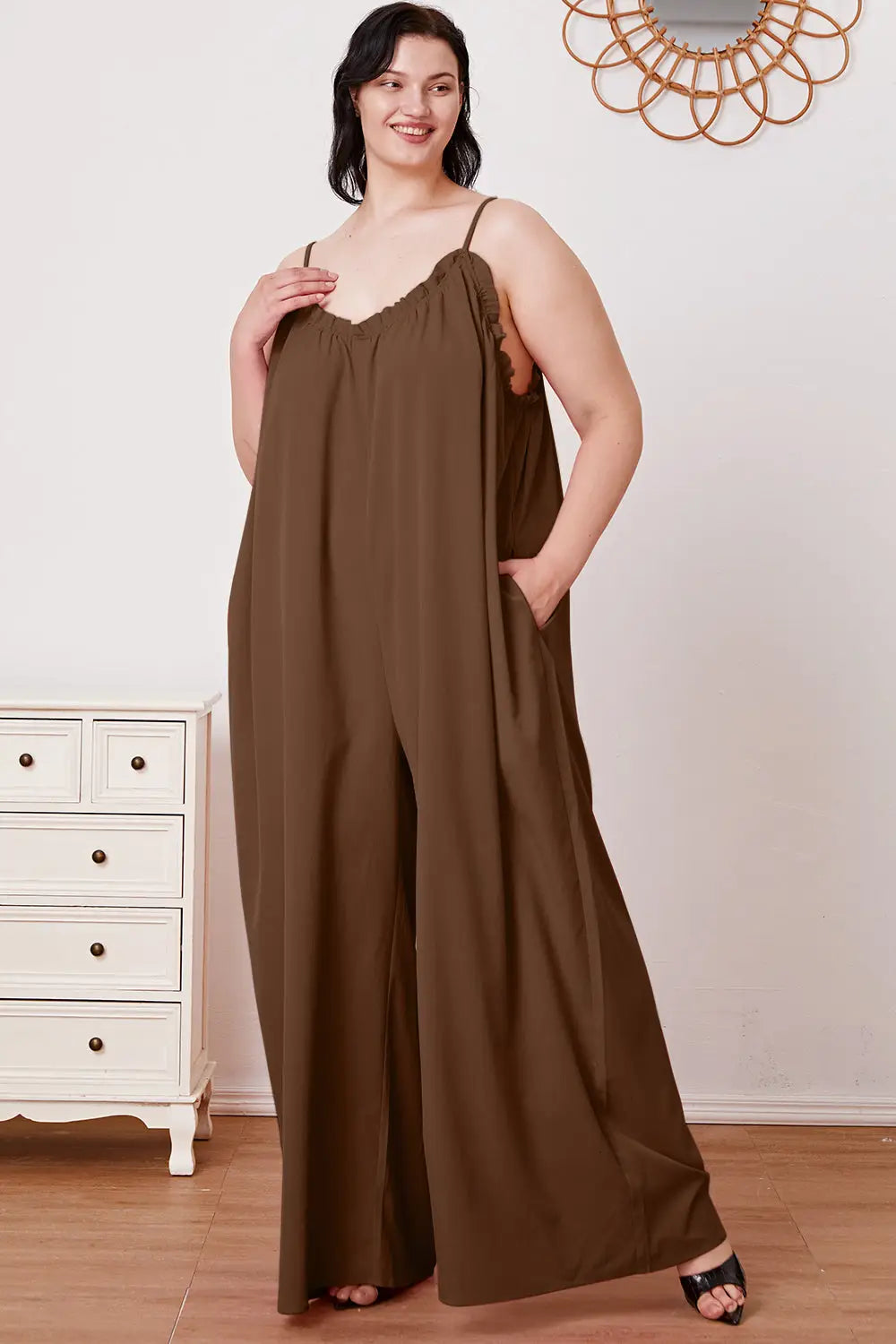 Ruffle Trim Tie Back Cami Jumpsuit with Pockets - Eclectage