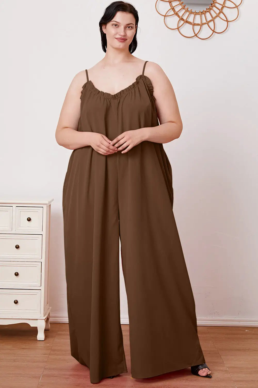 Ruffle Trim Tie Back Cami Jumpsuit with Pockets - Eclectage