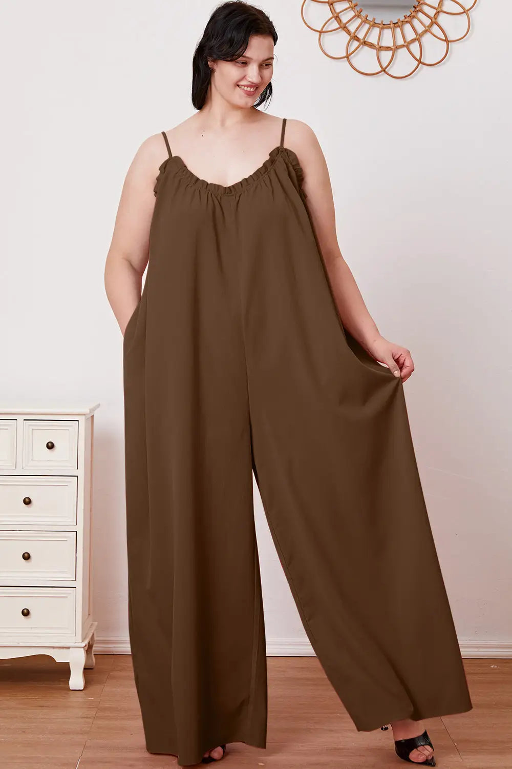 Ruffle Trim Tie Back Cami Jumpsuit with Pockets - Eclectage