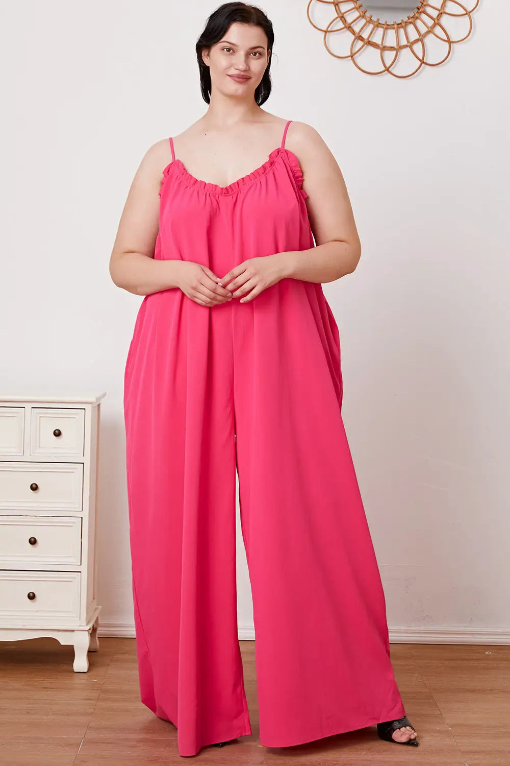 Ruffle Trim Tie Back Cami Jumpsuit with Pockets - Eclectage