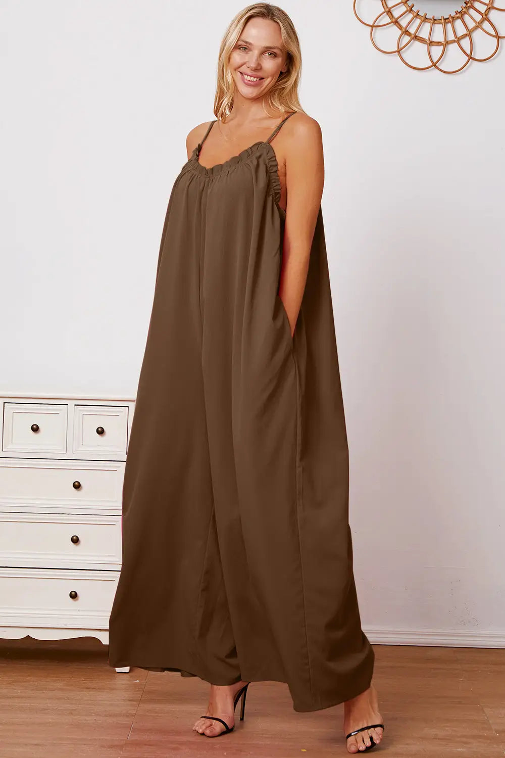 Ruffle Trim Tie Back Cami Jumpsuit with Pockets - Eclectage