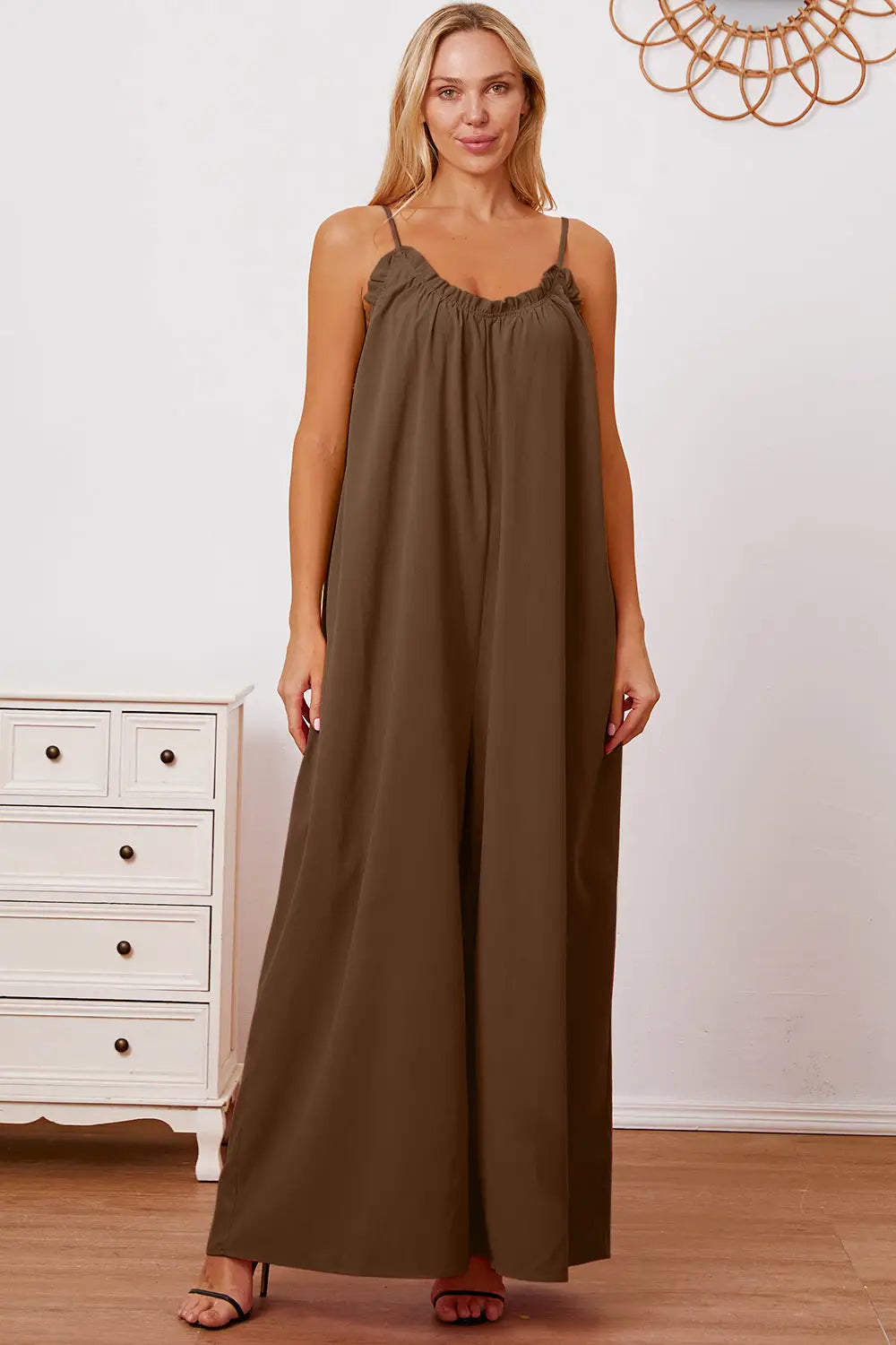 Ruffle Trim Tie Back Cami Jumpsuit with Pockets - Eclectage