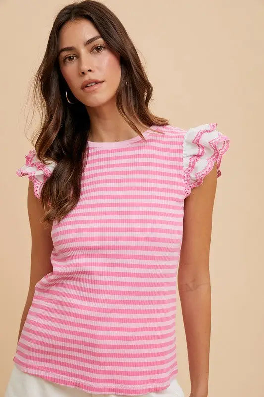 Ruffled Striped Round Neck Cap Sleeve Knit Top - Eclectage