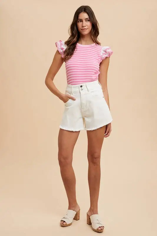 Ruffled Striped Round Neck Cap Sleeve Knit Top - Eclectage