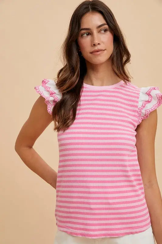 Ruffled Striped Round Neck Cap Sleeve Knit Top - Eclectage
