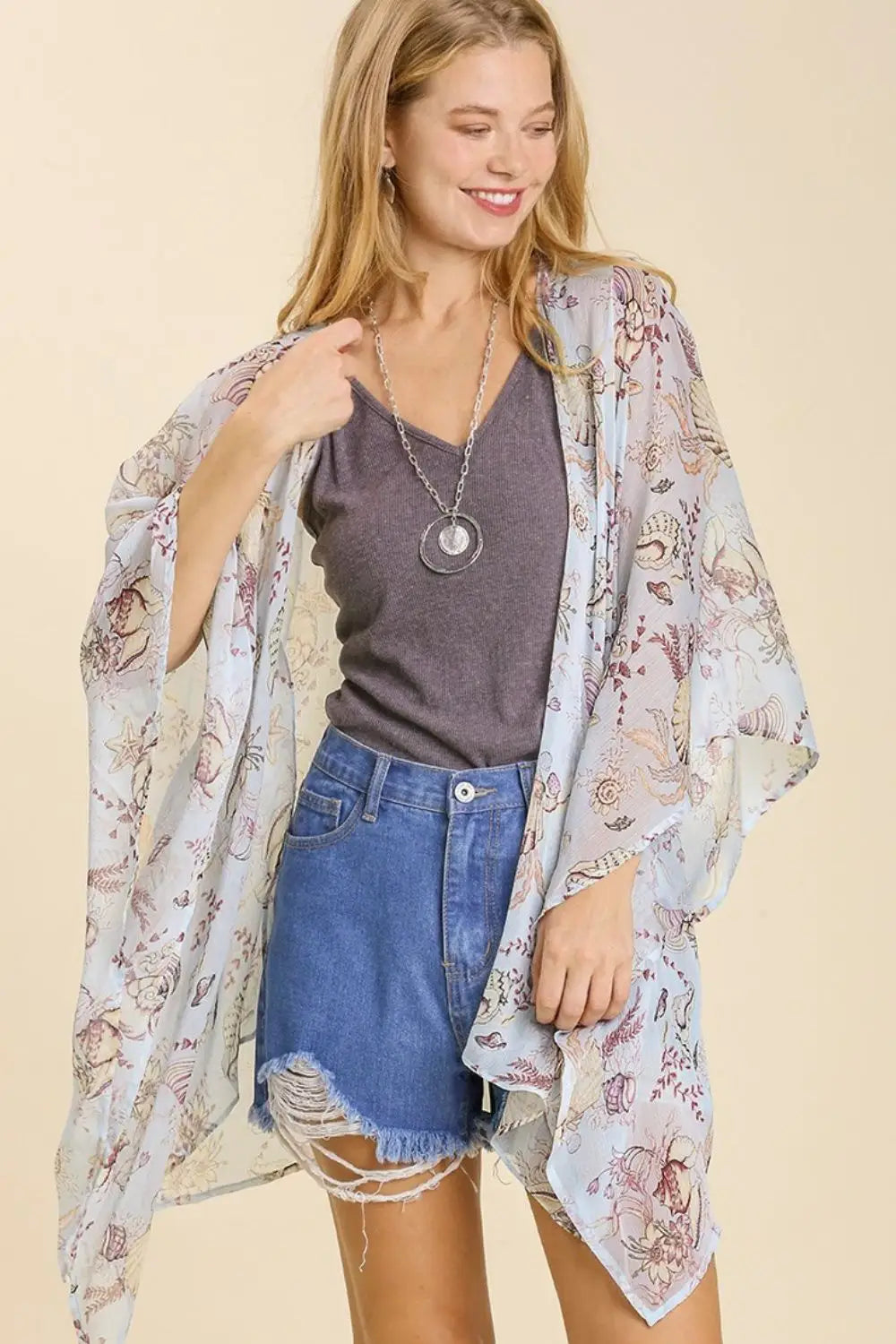 Umgee Full Size Sheer Mixed Print Kimono with Side Slit Plus Size - Eclectage