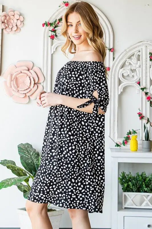 Off Shoulder Animal Mini Dress - Short Sleeve Dresses
